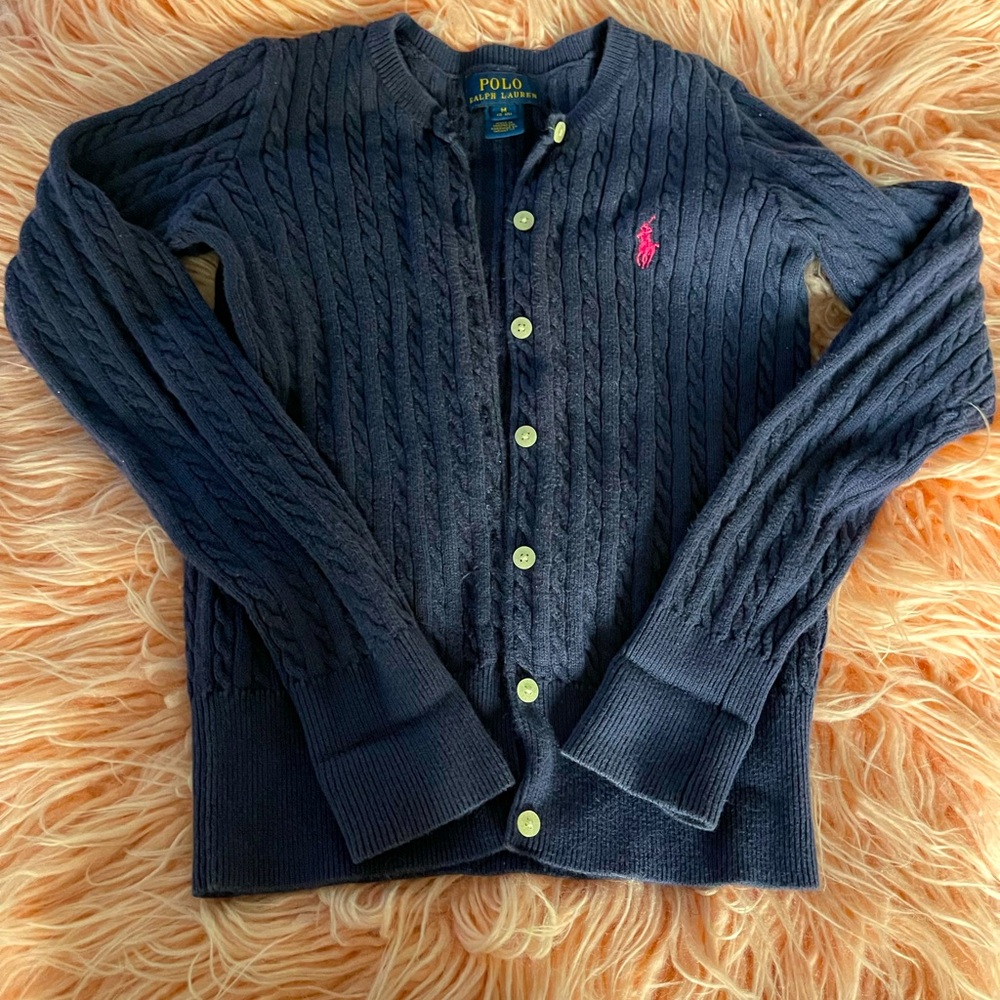 Girls M size 8-10 Polo Ralph Lauren Navy Cable Knit Cotton Cardigan Sweater EUC
